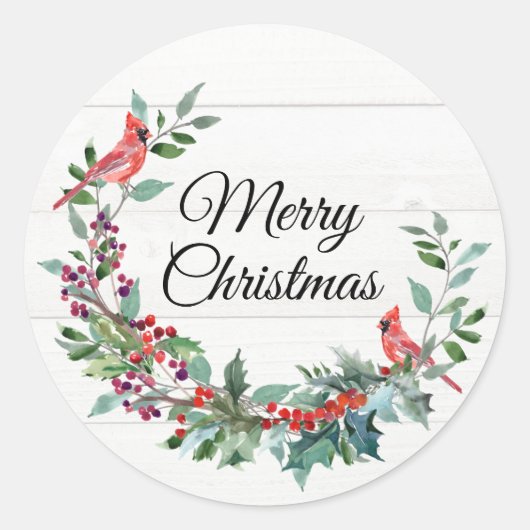 Kardinaal kerstfeest Waterverf Wreath Ronde Sticker (Voorkant)