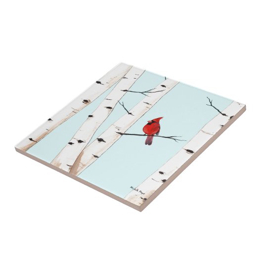 Kardinaal met Birch Trees Tegeltje (Zijkant)