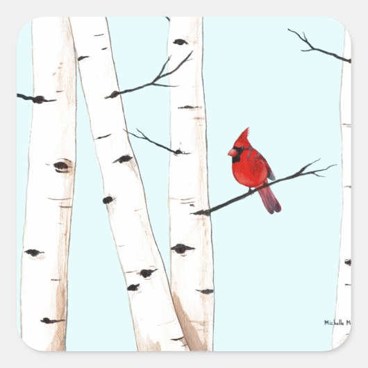 Kardinaal met Birch Trees Vierkante Sticker (Voorkant)