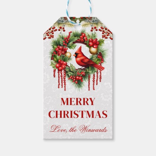 Kardinaal met krans Kerstontwerp Cadeaulabel (Voorkant)