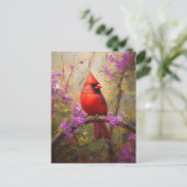 Kardinaal met paarse bloemen briefkaart (Staand voorkant)