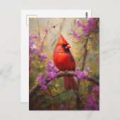 Kardinaal met paarse bloemen briefkaart (Voorkant / Achterkant)