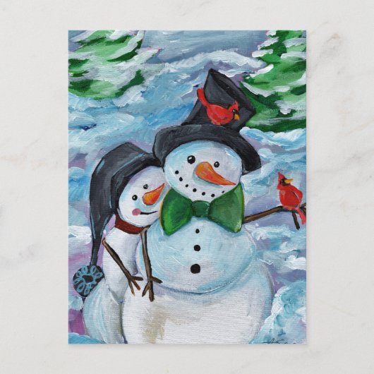 Kardinaal op bezoek bij Snowmen Briefkaart (Voorkant)