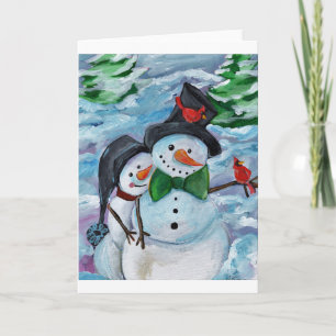 Kardinaal op bezoek bij Snowmen Feestdagen Kaart