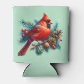 Kardinaal op dennentak met winterbessen blikjeskoeler (Voorkant)
