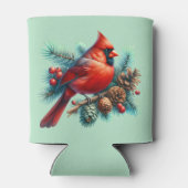 Kardinaal op dennentak met winterbessen blikjeskoeler (Achterkant)