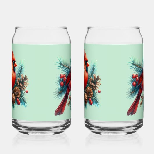 Kardinaal op dennentak met winterbessen blikvorm glas (Links)