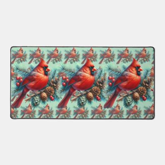 Kardinaal op dennentak met winterbessen bureaumat (Voorkant)