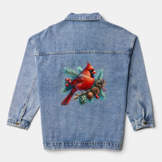 Kardinaal op dennentak met winterbessen denim jacket (Achterkant)