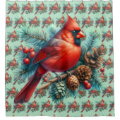 Kardinaal op dennentak met winterbessen douchegordijn (Voorkant)