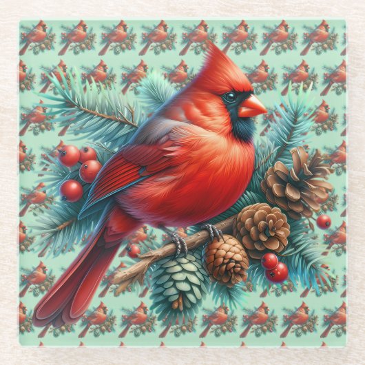 Kardinaal op dennentak met winterbessen glazen onderzetter (Voorkant)