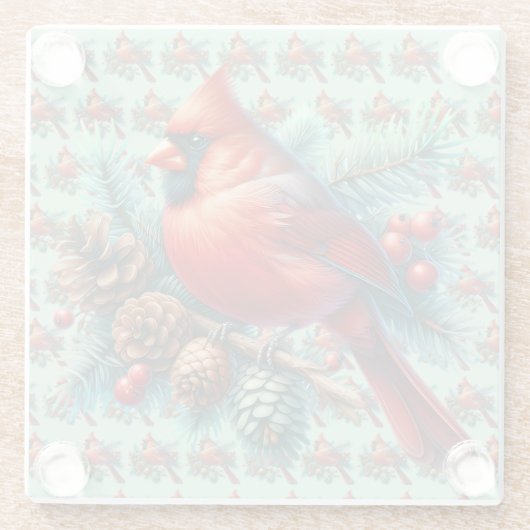 Kardinaal op dennentak met winterbessen glazen onderzetter (Achterkant)