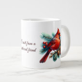 Kardinaal op dennentak met winterbessen grote koffiekop (Voorkant rechts)