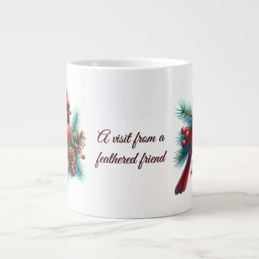 Kardinaal op dennentak met winterbessen grote koffiekop (Voorkant)