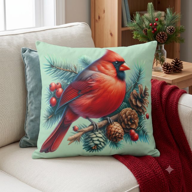 Kardinaal op dennentak met winterbessen kussen (Cardinal on Pine Branch with Winter Berries Throw Pillow)
