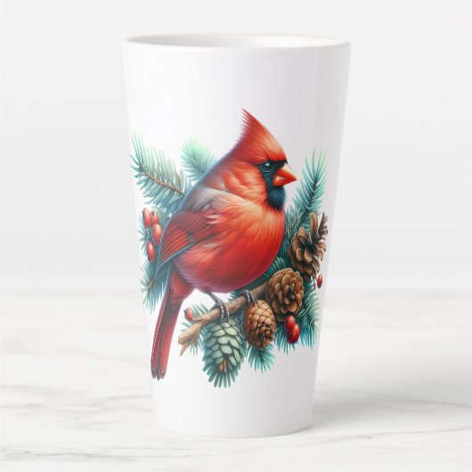 Kardinaal op dennentak met winterbessen latte mok (Voorkant)
