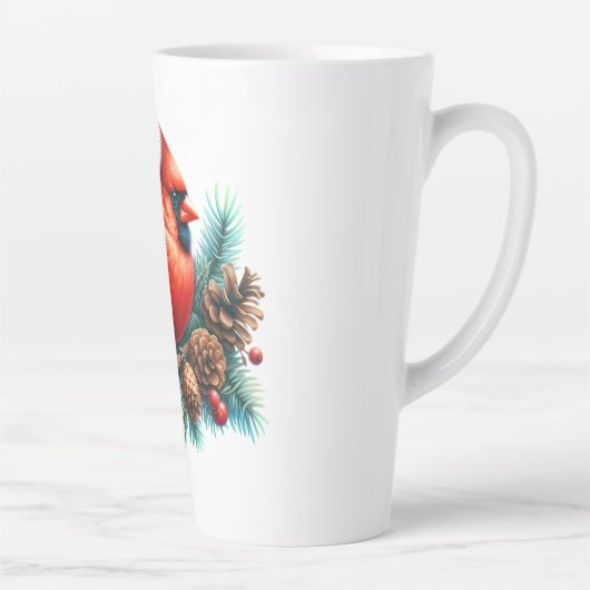 Kardinaal op dennentak met winterbessen latte mok (Rechts)