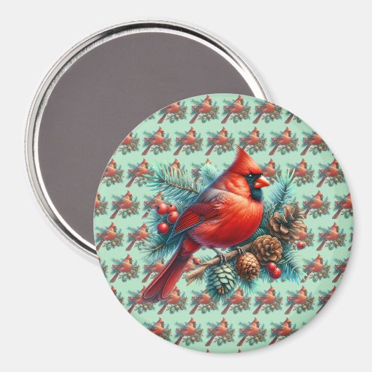 Kardinaal op dennentak met winterbessen magneet (Voorkant / Achterkant)