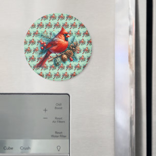 Kardinaal op dennentak met winterbessen magneet