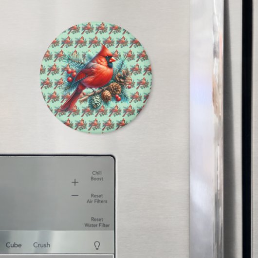 Kardinaal op dennentak met winterbessen magneet (Insitu (Koelkast))