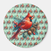 Kardinaal op dennentak met winterbessen magneet (Voorkant)