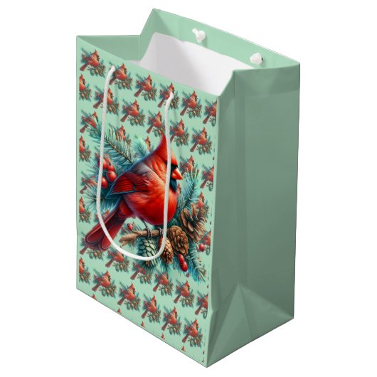 Kardinaal op dennentak met winterbessen medium cadeauzakje (Voorkant Gekanteld)