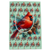 Kardinaal op dennentak met winterbessen medium cadeauzakje (Voorkant)