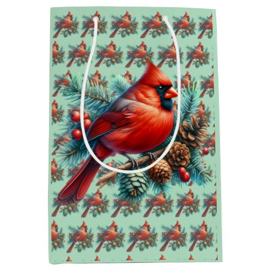 Kardinaal op dennentak met winterbessen medium cadeauzakje (Voorkant)