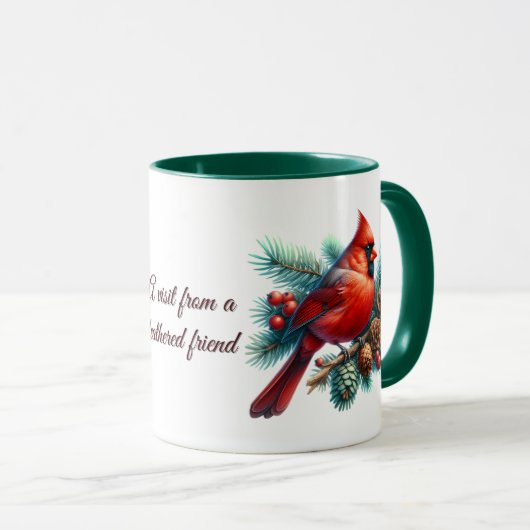 Kardinaal op dennentak met winterbessen mok (Voorkant rechts)