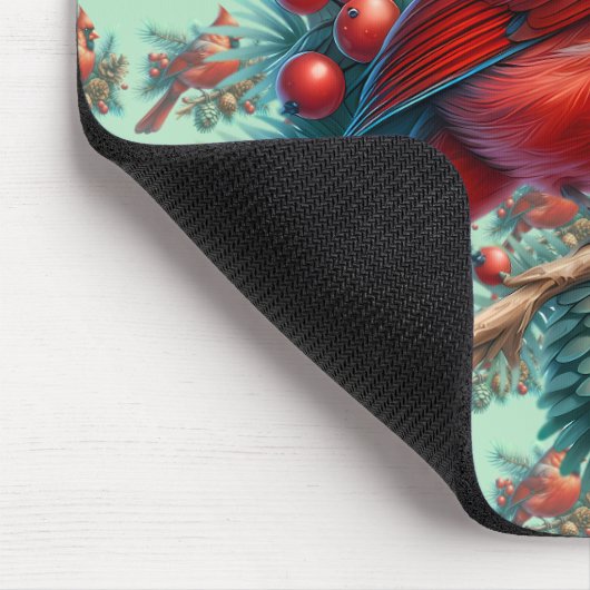 Kardinaal op dennentak met winterbessen muismat (Hoek)