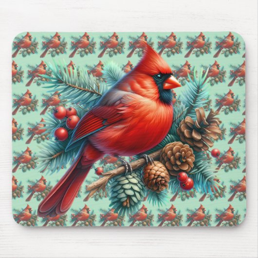 Kardinaal op dennentak met winterbessen muismat (Voorkant)