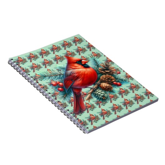 Kardinaal op dennentak met winterbessen notitieboek (Rechterzijde)