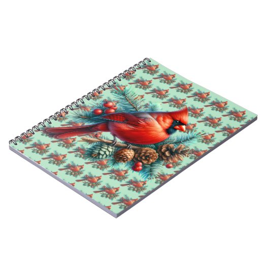 Kardinaal op dennentak met winterbessen notitieboek (Linkerzijde)