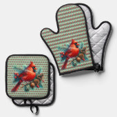 Kardinaal op dennentak met winterbessen ovenwant & pannenlap set (Voorkant / Achterkant)