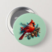 Kardinaal op dennentak met winterbessen ronde button 7,6 cm (Voorkant /achterkant)