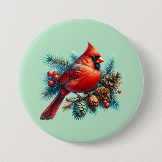 Kardinaal op dennentak met winterbessen ronde button 7,6 cm (Voorkant)