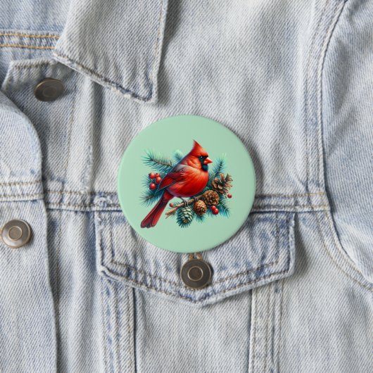 Kardinaal op dennentak met winterbessen ronde button 7,6 cm (In situ)