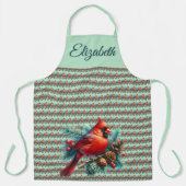 Kardinaal op dennentak met winterbessen schort (Voorkant)