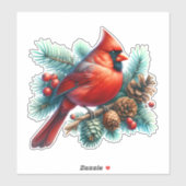Kardinaal op dennentak met winterbessen sticker (Vel)