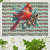 Kardinaal op dennentak met winterbessen theedoek (Gevouwen)