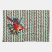 Kardinaal op dennentak met winterbessen theedoek (Horizontaal)