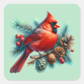 Kardinaal op dennentak met winterbessen vierkante sticker (Voorkant)