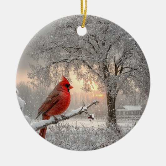 Kardinaal op een besneeuwde tak keramische cirkelv keramisch ornament (Voorkant)