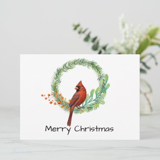 Kardinaal op een krans Plat kerstkaart (Staand voorkant)