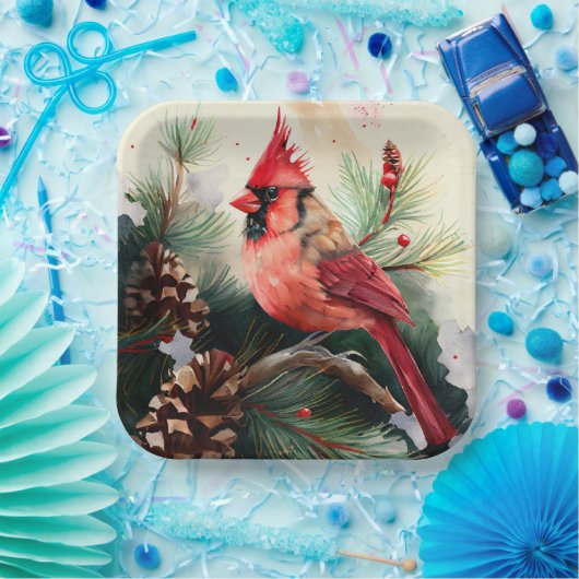 Kardinaal op Evergreen in Kerstmis Winter Scene Papieren Bordje (Feest)