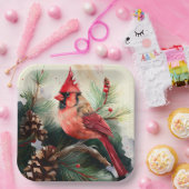 Kardinaal op Evergreen in Kerstmis Winter Scene Papieren Bordje (Feest)