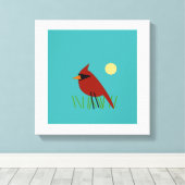 Kardinaal op gras met Aqua Blue Green Canvas Afdruk (Insitu (Houten vloer))