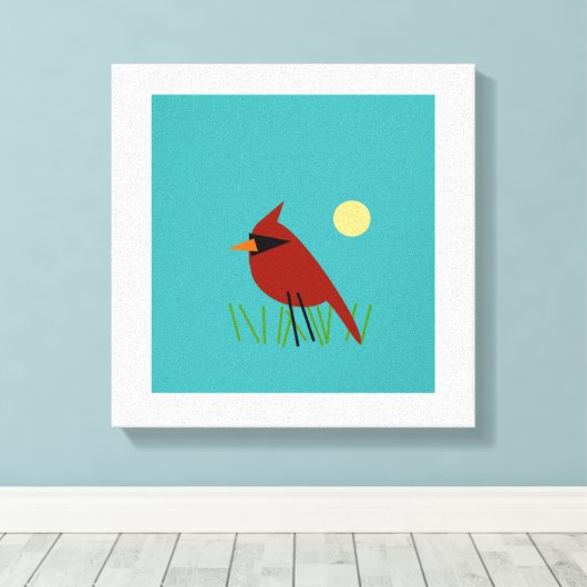 Kardinaal op gras met Aqua Blue Green Canvas Afdruk (Insitu (Houten vloer))
