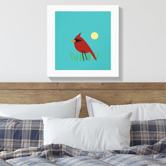 Kardinaal op gras met Aqua Blue Green Canvas Afdruk (Insitu (Slaapkamer))
