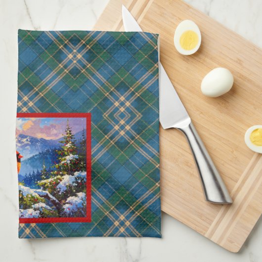 Kardinaal op Groen, Blauw, Goud, Kerst gespeeld Theedoek (Quarter Fold)